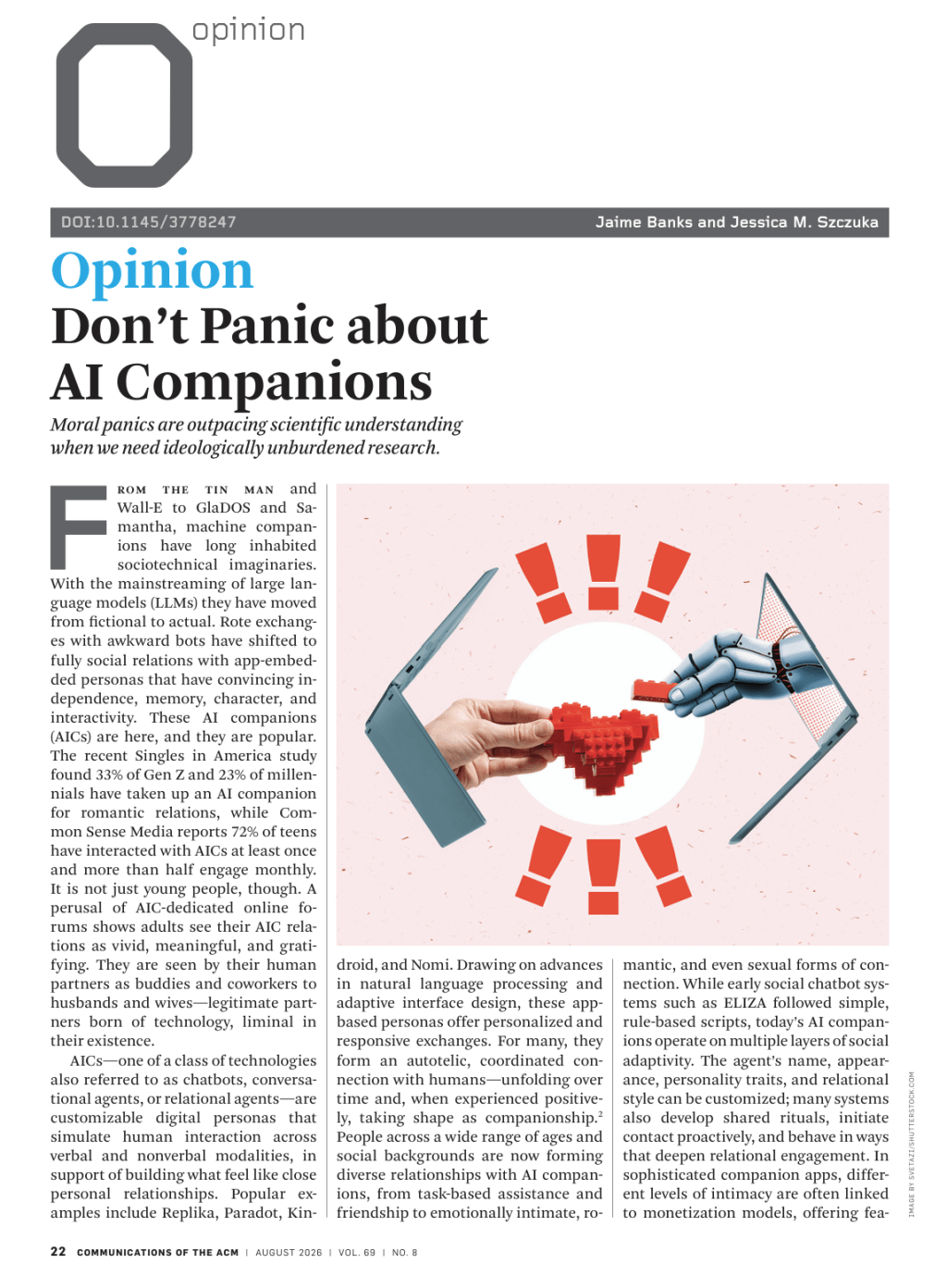Better Questions About AI Companions: New Opinion Piece in Communications of the&nbsp;ACM